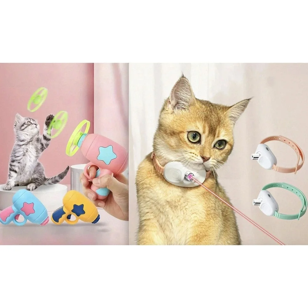 NEW 2x Tech Cat Toys- Light Pointer Collar Flying Disc Kitten Interactive